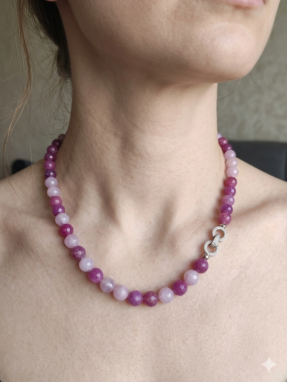 8mm Faceted Natural Ruby and Kunzite Bead Necklace